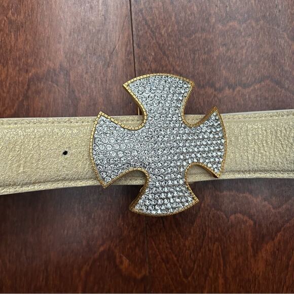 Cecelia Pale Crackled Gold Belt with Gold and Silver Rhinestone Cross Buckle main image 14